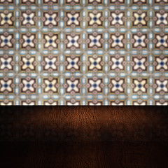 Image showing Wood table top and blur vintage ceramic tile pattern wall