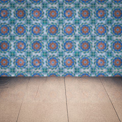 Image showing Wood table top and blur vintage ceramic tile pattern wall