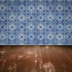 Image showing Wood table top and blur vintage ceramic tile pattern wall