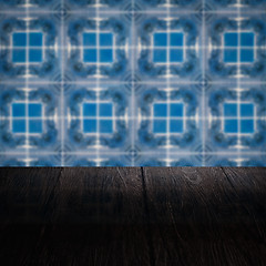 Image showing Wood table top and blur vintage ceramic tile pattern wall