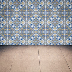 Image showing Wood table top and blur vintage ceramic tile pattern wall