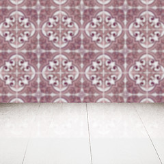 Image showing Wood table top and blur vintage ceramic tile pattern wall