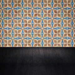 Image showing Wood table top and blur vintage ceramic tile pattern wall