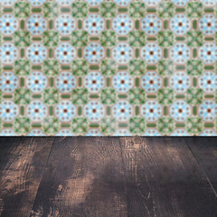 Image showing Wood table top and blur vintage ceramic tile pattern wall