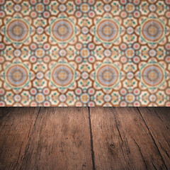 Image showing Wood table top and blur vintage ceramic tile pattern wall