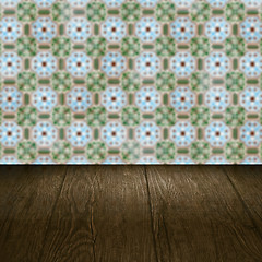 Image showing Wood table top and blur vintage ceramic tile pattern wall