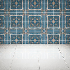 Image showing Wood table top and blur vintage ceramic tile pattern wall