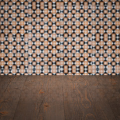 Image showing Wood table top and blur vintage ceramic tile pattern wall