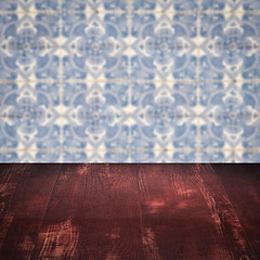 Image showing Wood table top and blur vintage ceramic tile pattern wall