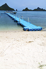 Image showing plastic pier  coastline of    green lagoon and tree      bay  