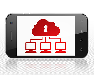 Image showing Cloud networking concept: Smartphone with Cloud Network on display