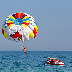 Image showing Parasailing in a blue sky.