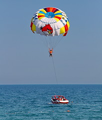 Image showing Parasailing in a blue sky.