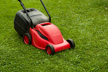 Image showing red lawnmower on green grass