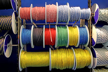 Image showing Collection of various ropes, coiled on reels