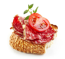 Image showing toasted bread with salami and tomato