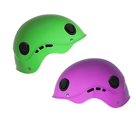 Image showing Green and punk ski helmets