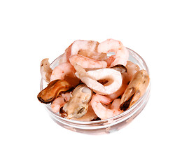 Image showing mussels and prawns in a small glass