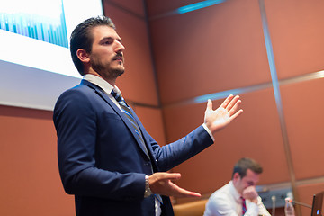 Image showing Speaker giving talk at Business Conference.