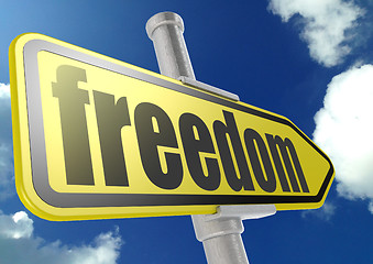 Image showing Yellow road sign with freedom word under blue sky