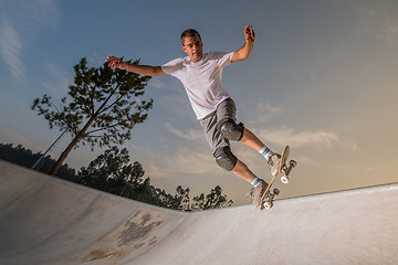 Image showing Skateboarder in a concrete pool 