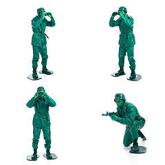 Image showing Four man on a green toy soldier costume