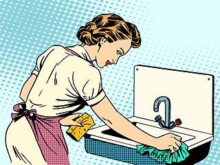 Image showing woman cleans kitchen sink cleanliness housewife housework comfor