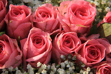 Image showing Pink roses and baby breath bouquet