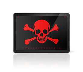 Image showing Tablet PC with a pirate symbol on screen. Hacking concept