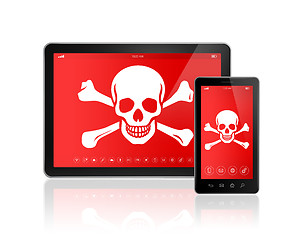 Image showing Digital tablet PC and smartphone with a pirate symbol on screen.