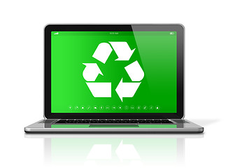 Image showing Laptop with a recycling symbol on screen. environmental conserva