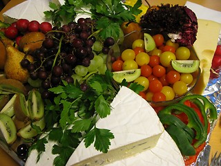 Image showing Plate with fruit, cheese and vegetables