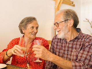 Image showing Old couple toasting 