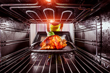 Image showing Cooking chicken in the oven at home.