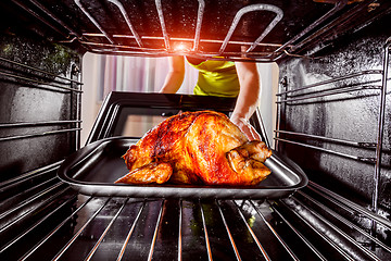 Image showing Cooking chicken in the oven at home.