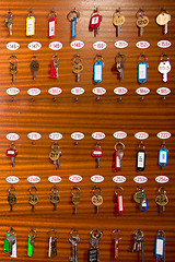 Image showing Retro rey board with room keys in motel reception.