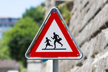 Image showing Pedestrian danger sign - Red triangle safety traffic sign