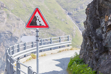 Image showing Warning stone fall road sign on mountain road