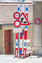 Image showing Road signs in a street under reconstruction