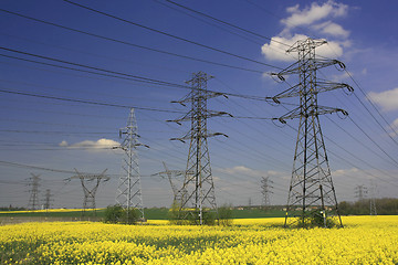 Image showing Electric pylons and farmland