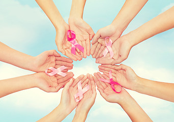 Image showing close up of hands with cancer awareness symbol