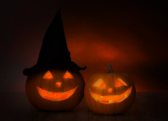 Image showing close up of pumpkins on table