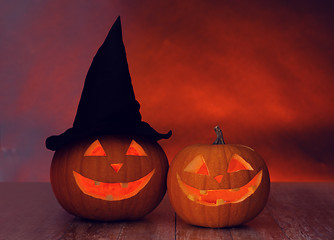 Image showing close up of pumpkins on table