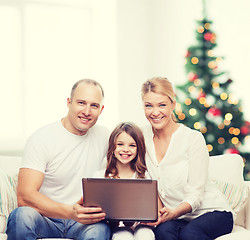 Image showing happy family with laptop computer