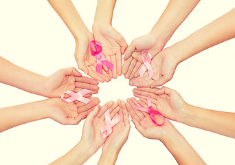 Image showing close up of hands with cancer awareness symbol