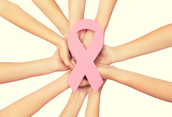 Image showing close up of hands with cancer awareness symbol