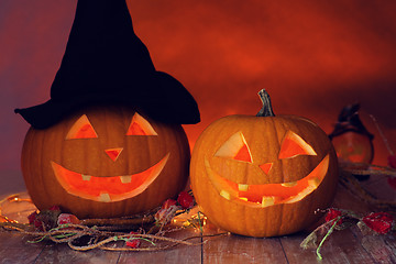 Image showing close up of pumpkins on table