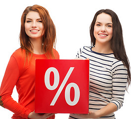 Image showing two smiling teenage girl with percent sign on box