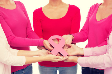 Image showing close up of women with cancer awareness ribbons