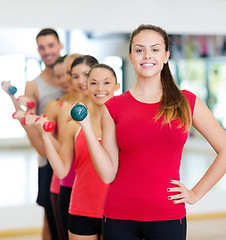 Image showing group of smiling people with dumbbells in the gym